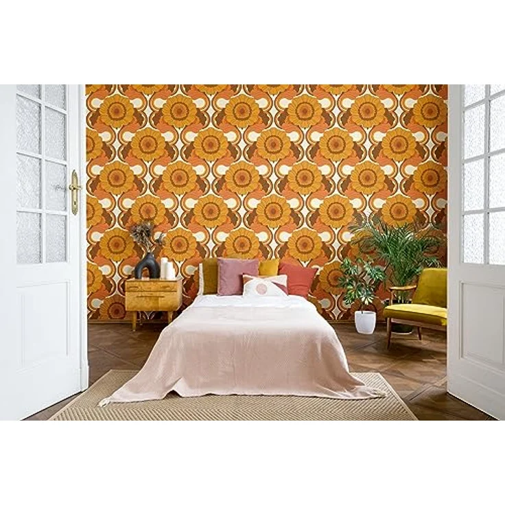A.S. Création Retro-Tapete 70er Jahre, Vliestapete mit Blumenmuster in Gelb, Orange, Braun, 0,53 x 8,5 m, Made in Germany – Bild 5