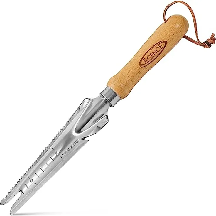ECENCE 1x Unkrautstecher Edelstahl mit Pflanzfunktion Wurzeljäter mit Holzgriff Manueller Weeder zum Graben Jäten, Lösen Geschenk für Gärtner Gärtnerinnen 33,5cm