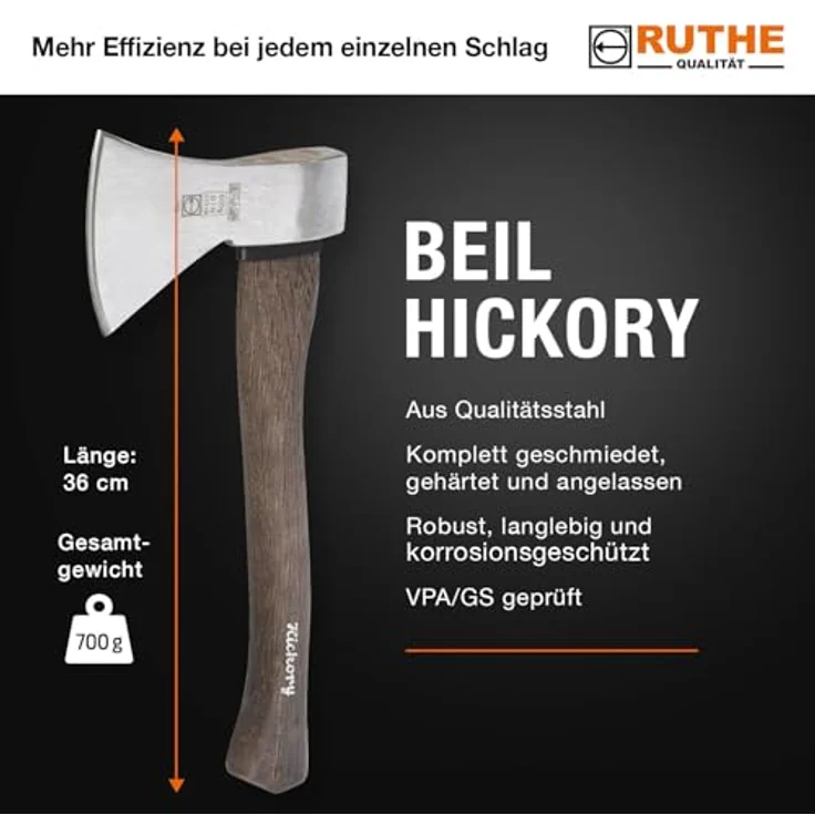 RUTHE 3006062019 - Hacha DIN 5131 B ? 7294 B con mango de madera de hickory (600 g) – Bild 3