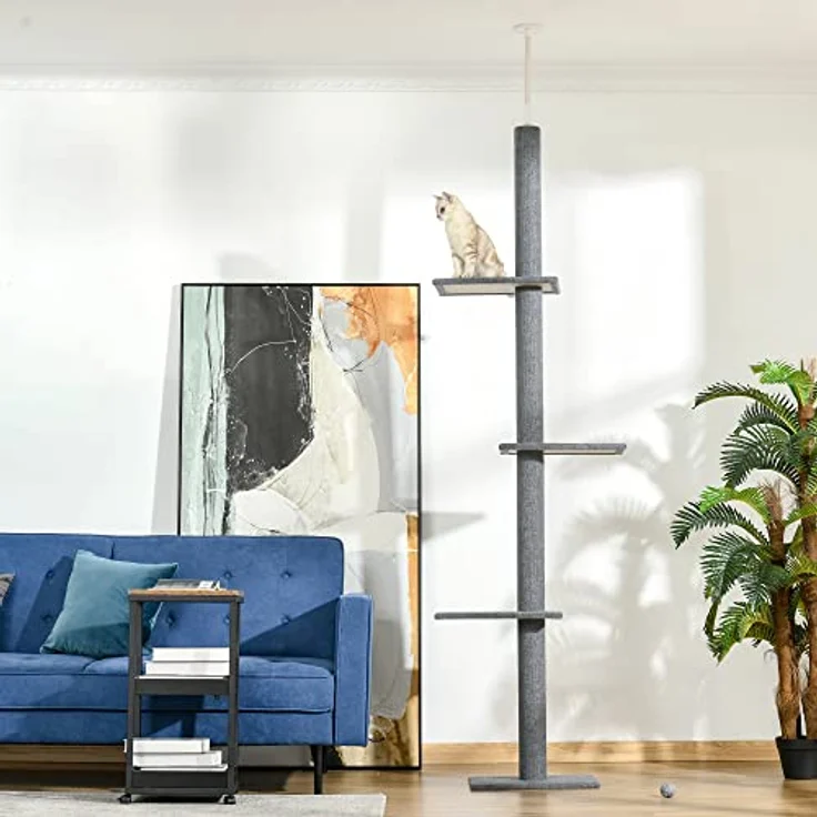 PawHut Kratzbaum Deckenhoch, 228-260 cm Höhenverstellbarer Katzenbaum Kletterbaum für Katzen mit 3 Ebenen, Katzenkratzbaum, Spielbaum vom Boden bis zur Decke Grau – Bild 2