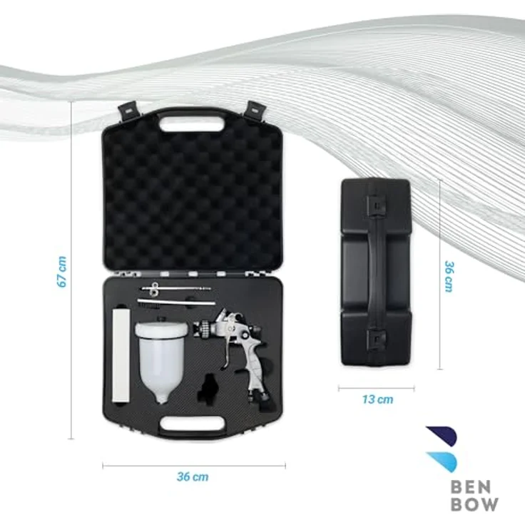 BENBOW Lackierpistole PK60, HVLP Set mit 1,4 mm + 1,8 mm Düsen, 600 ml Lackbehälter und Koffer, professionelle Spritztechnik – Bild 4