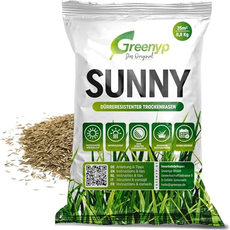 Greenyp® Sunny, dürreresistenter Trockenrasen, 0,8kg für 35m², schnellkeimend, hitzeresistent, pflegeleicht – Bild 1