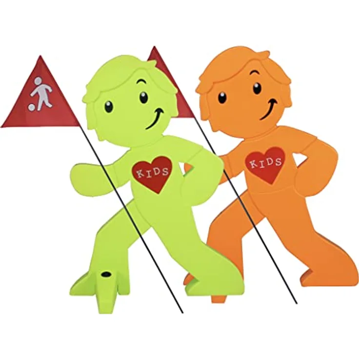 StreetBuddy - Warnfigur mit Fahne, reflektierender Warnaufsteller für Kindersicherheit - Achtung langsam Fahren - Vorsicht spielende Kinder - Schild Autofahrer Warnung - 2er Set (Grün/Orange) - Preisvergleich