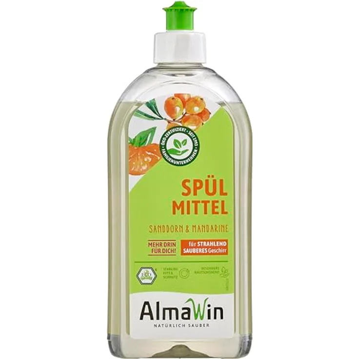 Almawin Spülmittel Sanddorn Mandarine, 500ml Geschirrspülmittel mit hautmilden Weizenproteinen und fruchtigem Duft