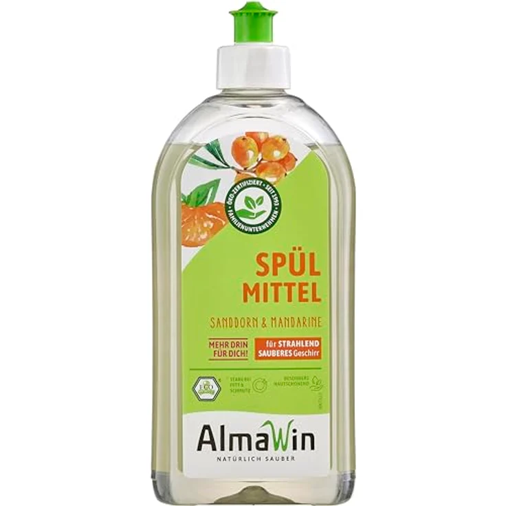 Almawin Spülmittel Sanddorn Mandarine, 500ml Geschirrspülmittel mit hautmilden Weizenproteinen und fruchtigem Duft – Bild 1