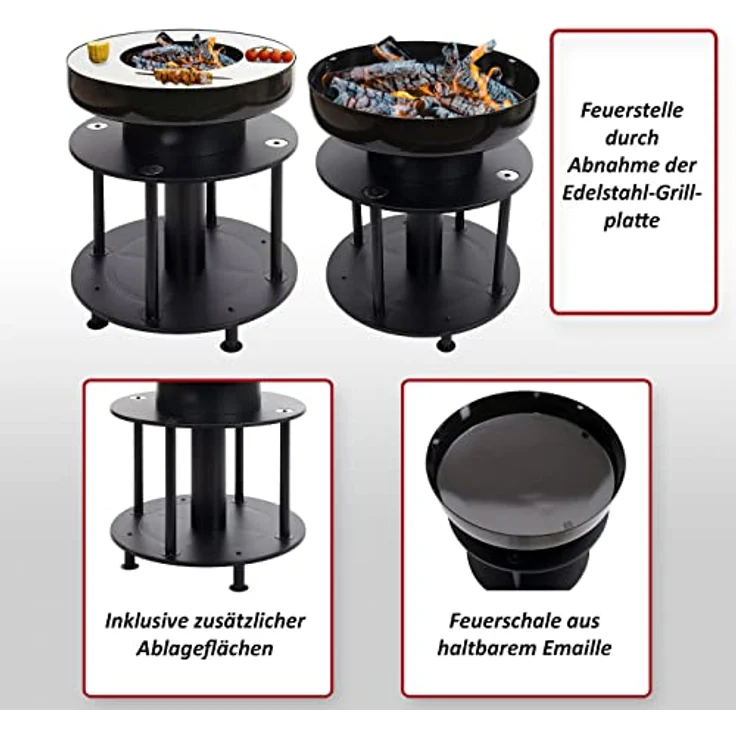 Mendler Feuerschale mit Grill HWC-K95, Edelstahl Emaille Ø 56cm schwarz, großzügige Grillplatte und zusätzliche Ablageflächen – Bild 2