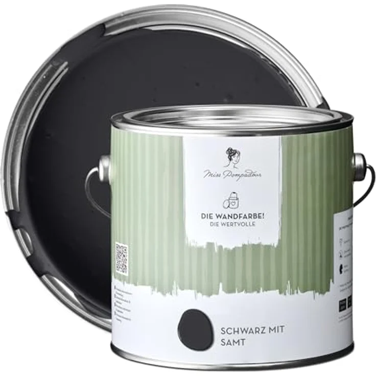 MissPompadour Wandfarbe Schwarz mit Samt, extramatte Innenfarbe mit hoher Deckkraft, 2,5 L, geruchsneutral und spritzfrei, wasserbasiert – Bild 1