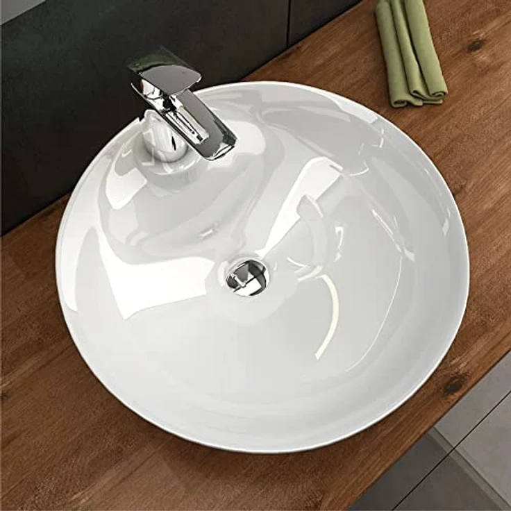 Alpenberger Kleines Aufsatzwaschbecken | Waschschale aus Sanitärkeramik | Premium Waschbecken Rund | Handwaschbecken Antibakteriell mit Nano Beschichtung | Leichte Montage | Schüssel Ohne Hahnloch – Bild 2