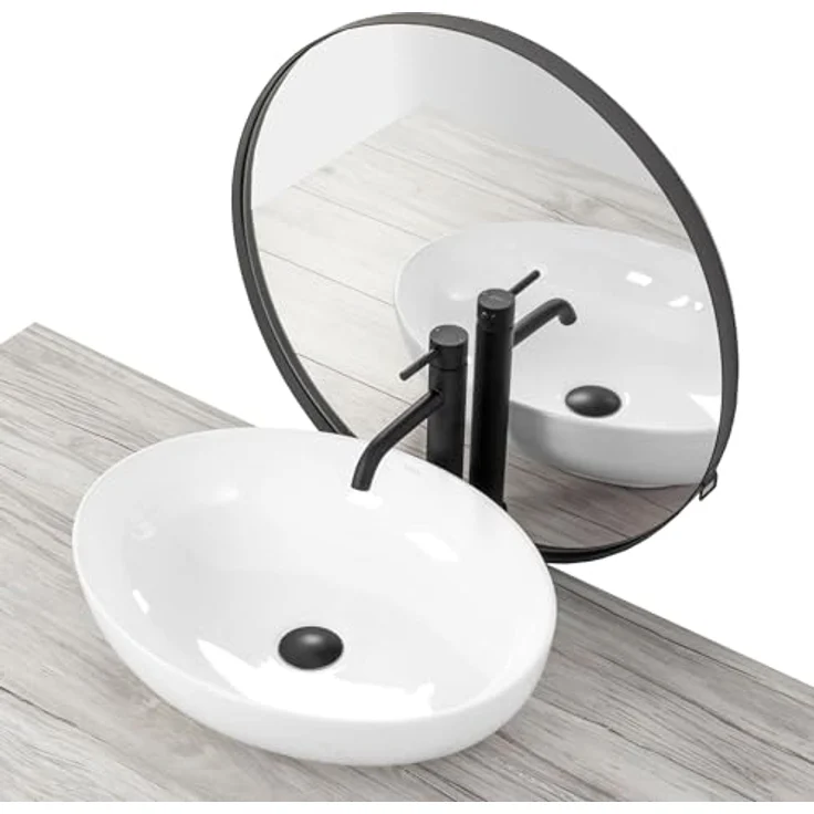 Rea Aufsatzwaschbecken Oval, Keramik Handwaschbecken in Weiß, 40x52 cm, ohne Überlauf – Bild 5