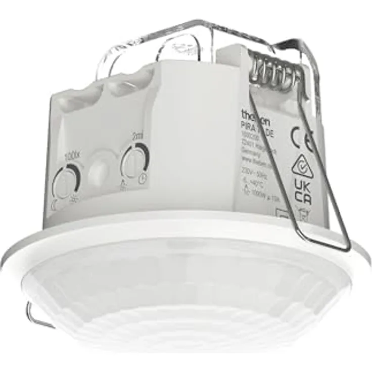 Theben 1030200 PIRA T8 DE, Bewegungsmelder für Innenbereich, 200 W LED, 360° Erfassungsbereich, Ø 8 m, Nachlaufzeit 5 s - 15 min, Deckeneinbau