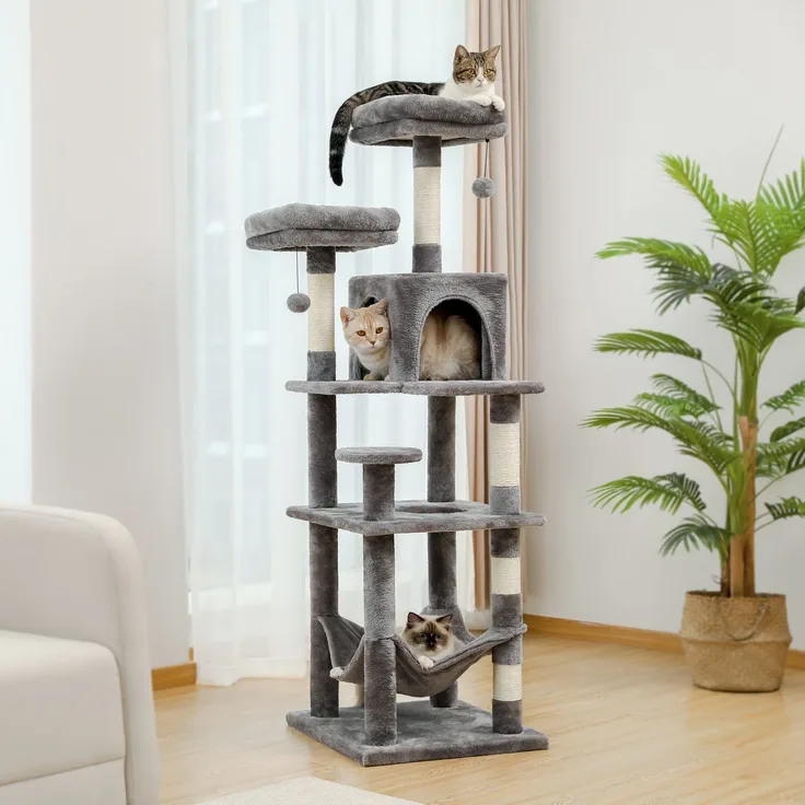 PurpurRain Kratzbaum Mehrstufiger XL Multifunktional für Katzen, 154 cm, Natursisal, Purpur
