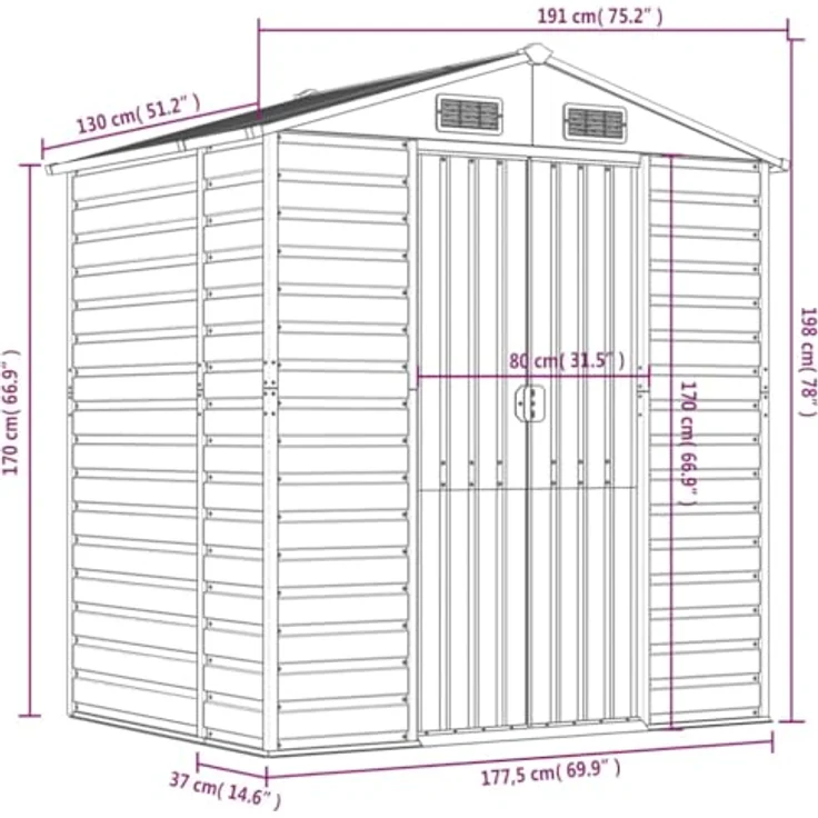 vidaXL Gerätehaus, Gartenhaus mit Schrägdach Griffe, Gartenschuppen Schuppen mit Stauraum, Geräteschuppen Metallschuppen, Hellbraun 191x130x198 cm Verzinkter Stahl – Bild 4