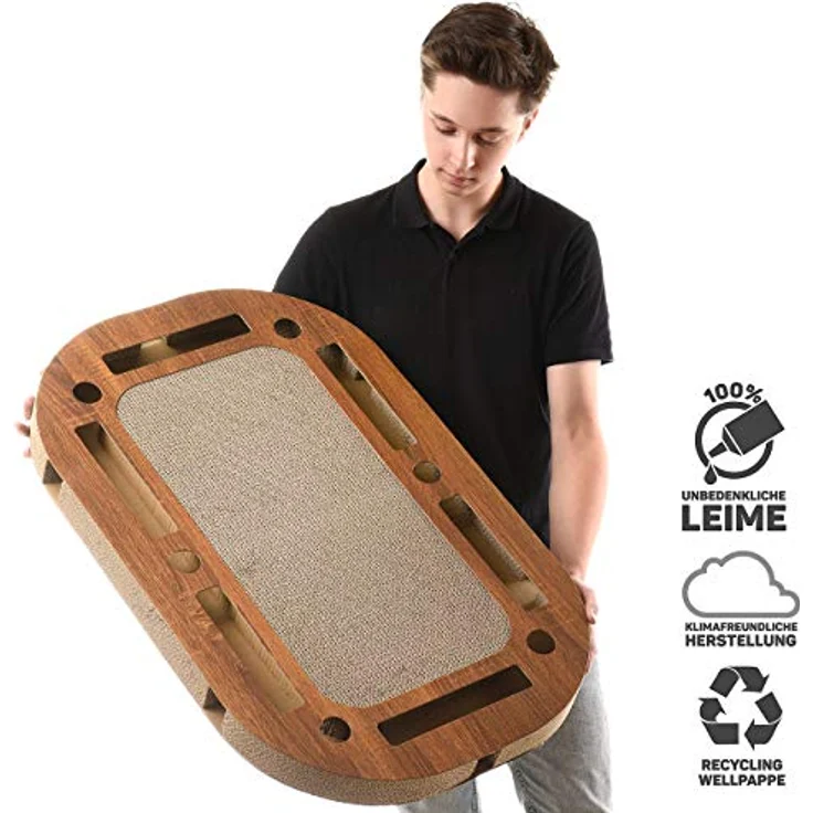 CanadianCat Company | XXL Katzenspielplatz 85 x 54 x 5,8 cm mit integrierter Kratzpappe, interaktives Katzenspielzeug Kratzbrett in Holzoptik Kratzkarton – Bild 2