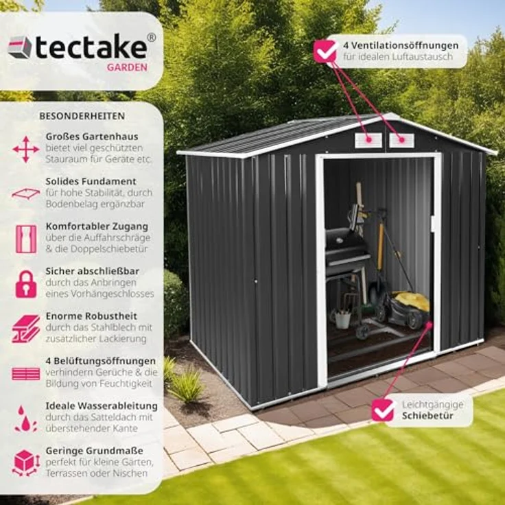 tectake® Metall Gartenhaus mit Satteldach, Geräteschuppen Garten mit Schiebetür, Gerätehaus mit Metallfundament, als Gartenschuppen, Gartenhütte oder Fahrradgarage, 4 m³ Lagerfläche - grau/weiß – Bild 2