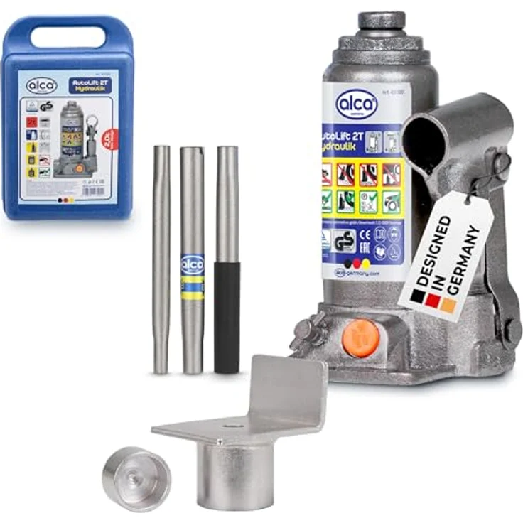 alca® Hydraulischer Wagenheber 2t im Koffer, Stempelwagenheber aus Stahl mit L-Adapter, Hubhöhe 158–308 mm, für PKW, SUV, Caravan, silber-grau – Bild 1