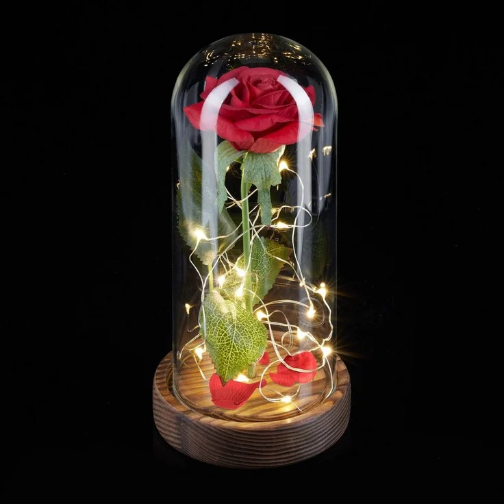 relaxdays Kunstblume Ewige Rose im Glas mit Licht, Höhe 22 cm, handgefertigt aus hochwertigen Materialien, romantische Atmosphäre (Rot) – Bild 1