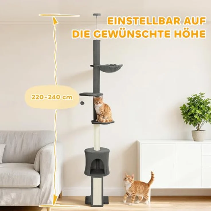 PawHut Kratzbaum Deckenhoch 200-240 cm, höhenverstellbar mit Hängematte, Höhle, Rampe und 7 cm dicken Kratzstämmen, für Katzen unter 5 kg, Dunkelgrau – Bild 3