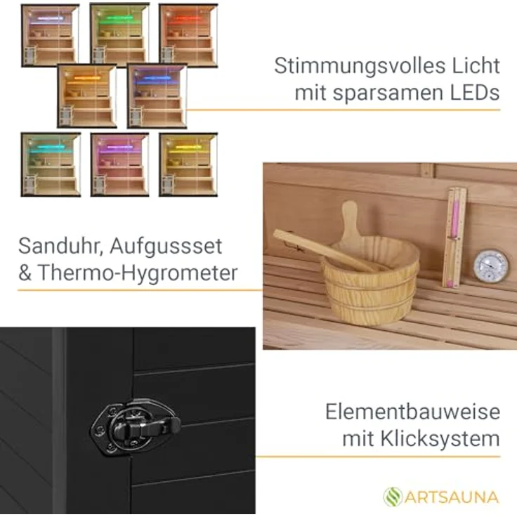 Artsauna Sauna Vantaa 175, BxTxH: 175 x 140 x 190 cm, 5 mm, 2 große Salzsteine, Ambientebeleuchtung, Schwarz/Natur, 8 kW Ofen und Saunasteine, 4 Personen Saunakabine – Bild 6