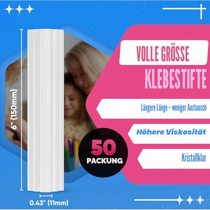 EZUVITA Heißklebesticks 50 Stück, 11 x 150mm, transparente Heißklebestifte für gängige Heißklebepistole, schnelles Aushärten, ungiftig, vielseitig einsetzbar – Bild 3