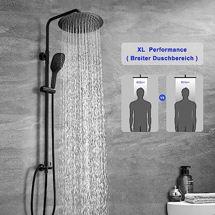 Görbach Regendusche Duschsystem, XL Rund 25 cm, Schwarz, Edelstahl mit 3 Strahlarten und höhenverstellbarer Duschstange – Bild 2