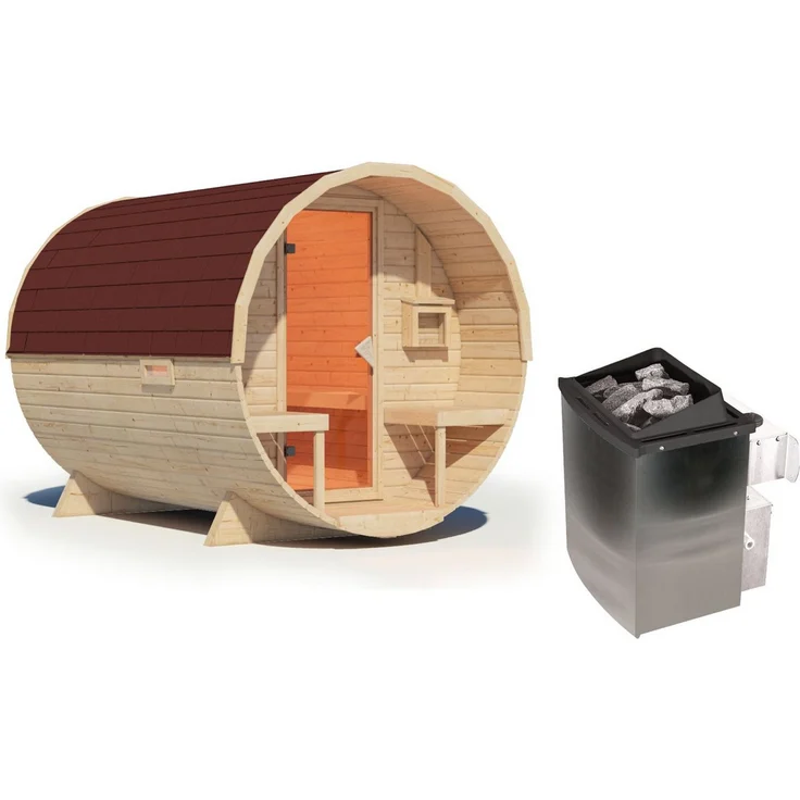 Karibu Fasssauna Fasssauna 38 mm Saunaofen 9kW - Komfortable Stehhöhe 200 cm, inkl. Dachschindeln - Naturbelassen – Bild 1