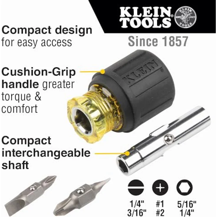 Klein Tools 32561 Std. stummeliger Schraubendreher-Steckschlüssel mit gepolstertem Griff. 6-in-1 Werkzeug, 0,48 cm und 0,64 cm geschlitzt, Nr.1 und Nr. 2 Phillips 0,64 cm und 0,79 cml Nuss-Treiber – Bild 2