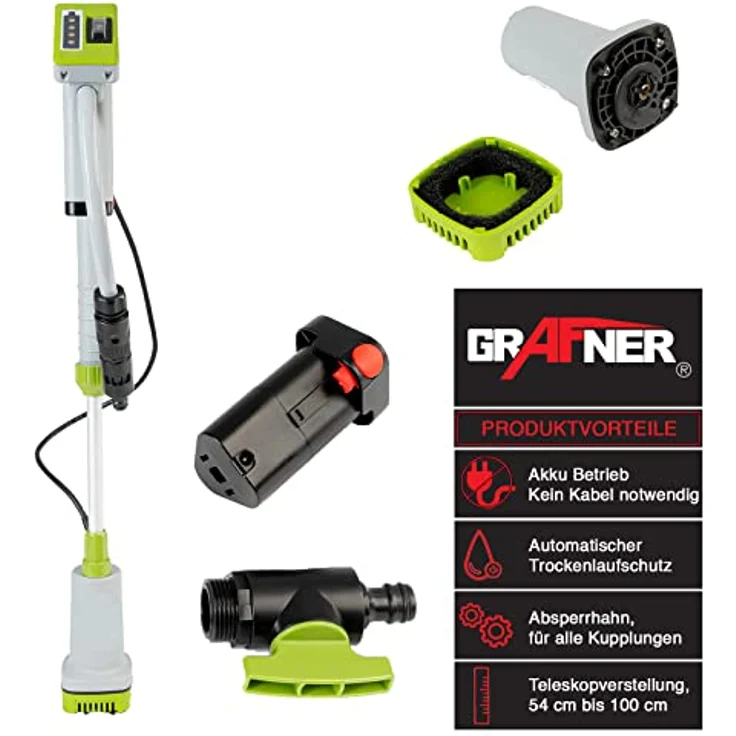 Grafner Regenfasspumpe Akku Schmutzwassertauchpumpe, 1500 l/h Fördervolumen, Trockenlaufschutz, wechselbarer Akku, Teleskopverstellung – Bild 4
