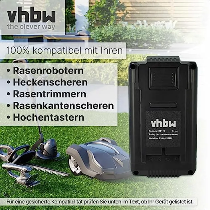 VHBW Akku kompatibel mit AL-KO Moweo 3.85 Li, LB 4060, MT 40, Moweo 42.5 Li, Moweo 46.5 Li Rasenmäher, 4000mAh, 36V, Li-Ion, schwarz