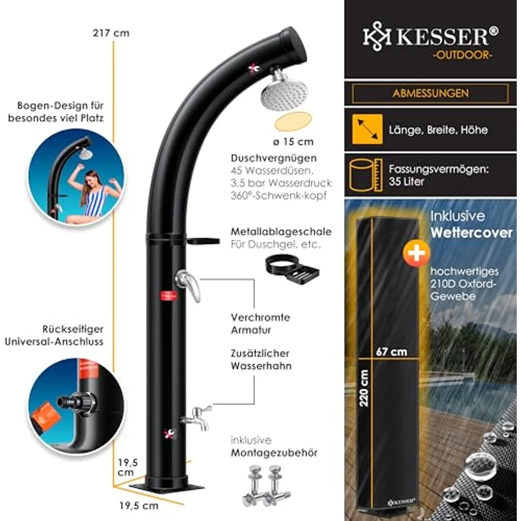 KESSER Solar Gartendusche Solardusche Bogen Inkl. Schutzhaube warmes Wasser 20 Liter max. 60°C ohne Stromanschluss Pooldusche Camping Regenduschkopf und Wasserhahn Gartenschlauch-Anschluss Schwarz - 35 Liter - Preisvergleich – Bild 7