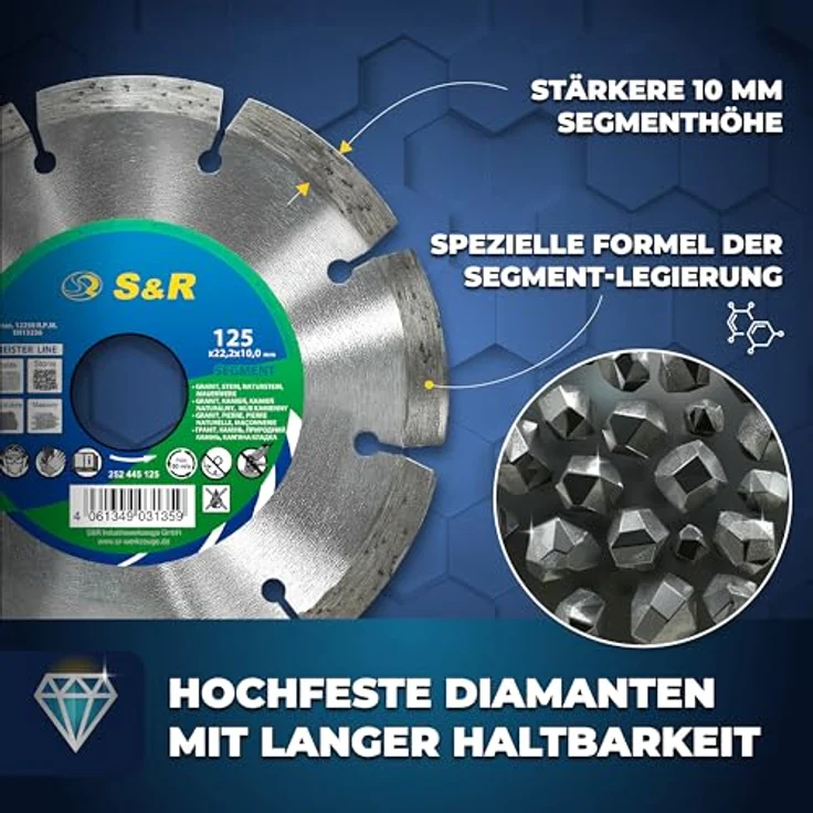 S&R Diamantscheibe 125 x 22,23 mm, Industrie-Qualität für Trennen von Granit, Stein, Marmor und Beton, kompatibel mit Winkelschleifern und Tischsägen – Bild 5