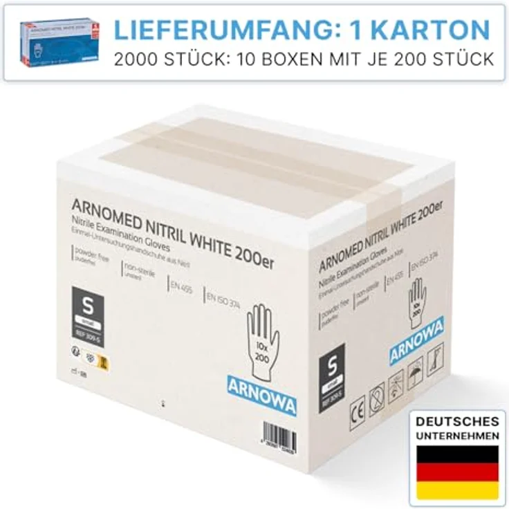 ARNOMED Einweghandschuhe Nitril 2000 Stück, puderfrei, latexfrei, Weiß, für Hygiene & Gastronomie, Größe S, M, L, XL – Bild 2