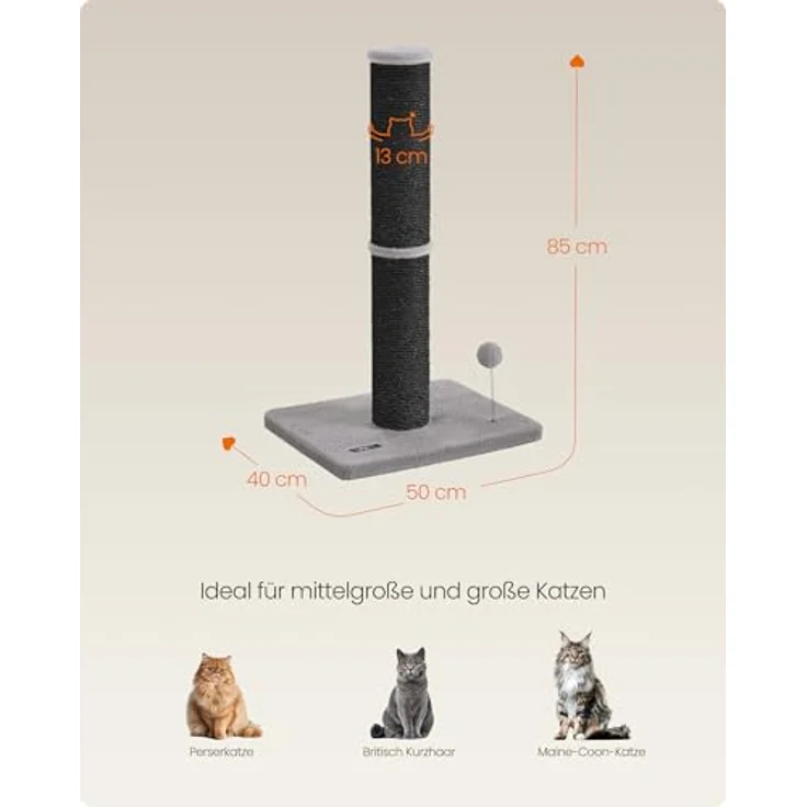 Feandrea PCA041B01 Kratzbaum, 85 cm hoch, 13 cm dicker Sisalstamm für große Katzen, mit Plüschball und Glocke, tintenschwarz – Bild 5