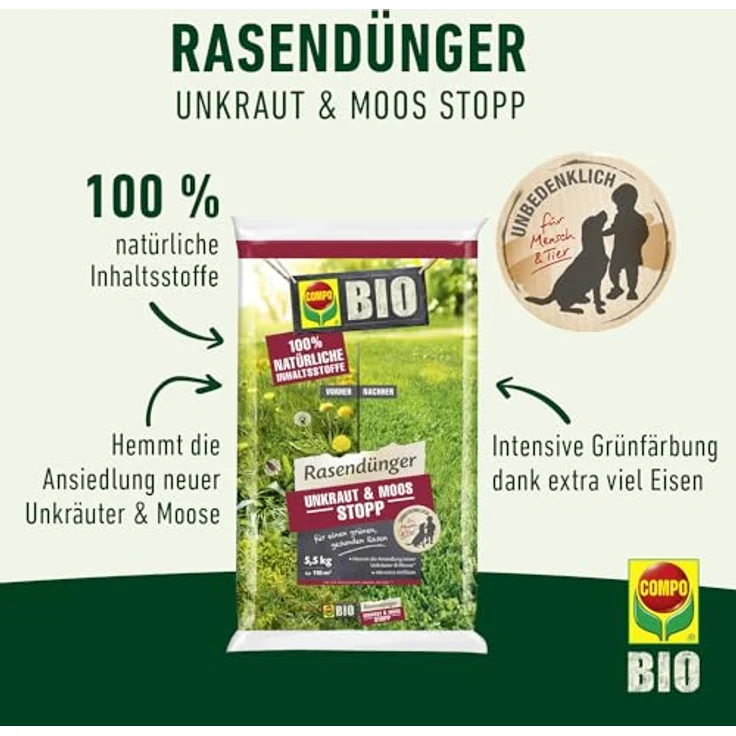 COMPO BIO Rasendünger Unkraut & Moos Stopp, 100% natürliche Inhaltsstoffe, 5,5 kg für 110m², beugt Unkraut- und Moosansiedlung vor – Bild 2