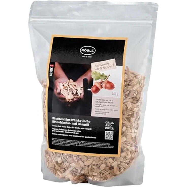 RÖSLE Räucherchips Whisky-Eiche, 750 g, für intensives Räuchern von Rind- und Schweinefleisch – Bild 1