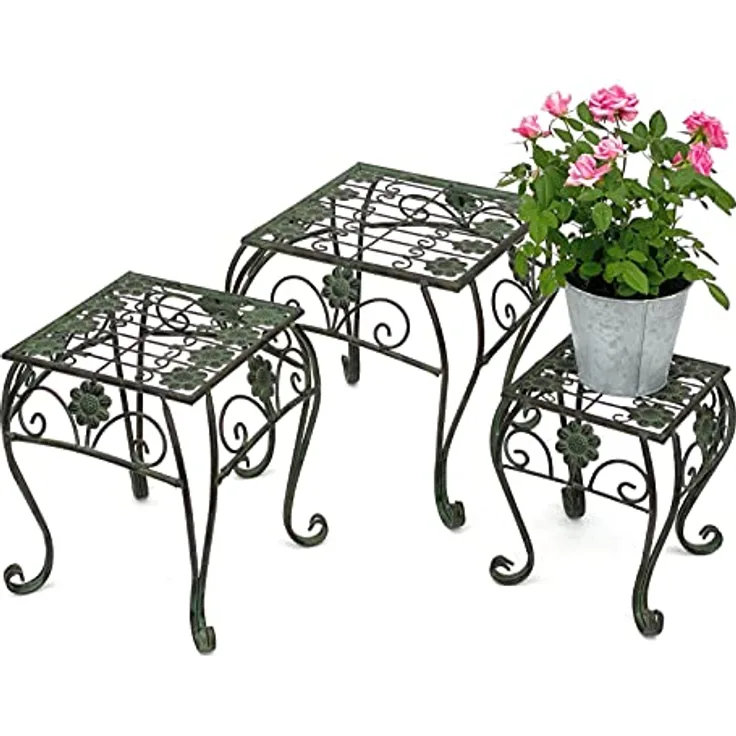 DanDiBo Blumenhocker Metall Grün Eckig 3er Set Blumenständer 96007 Vintage Pflanzenhocker - Modernes Design, Patina Farbe