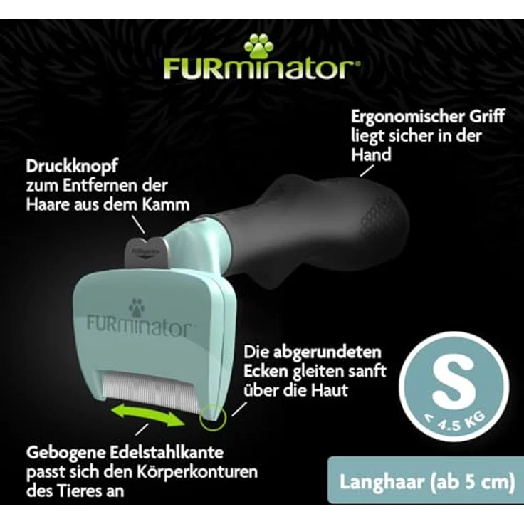 FURminator Fellbürste für langhaarige kleine Katzen, deShedding Pflege Werkzeug, mit 4,5 cm Kantenlänge und FURejector-Druckknopf, silber – Bild 3
