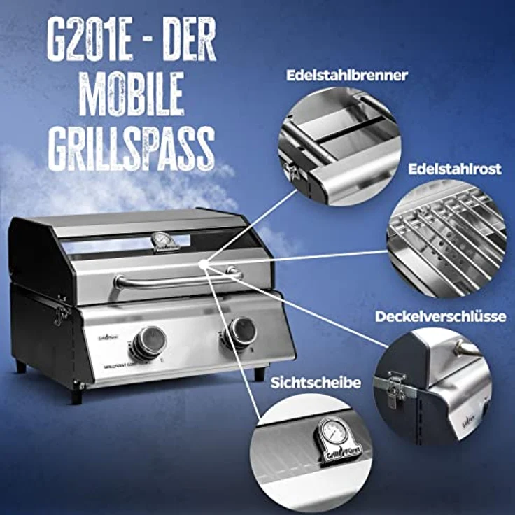 Grillfürst Camping Gasgrill G201E - 2-Brenner Edelstahl Balkon Gasgrill mit Sichtscheibe, Kleiner Outdoor Tisch-Gasgrill, doppelwandiger Gas Griller mit Druckregler – Bild 5