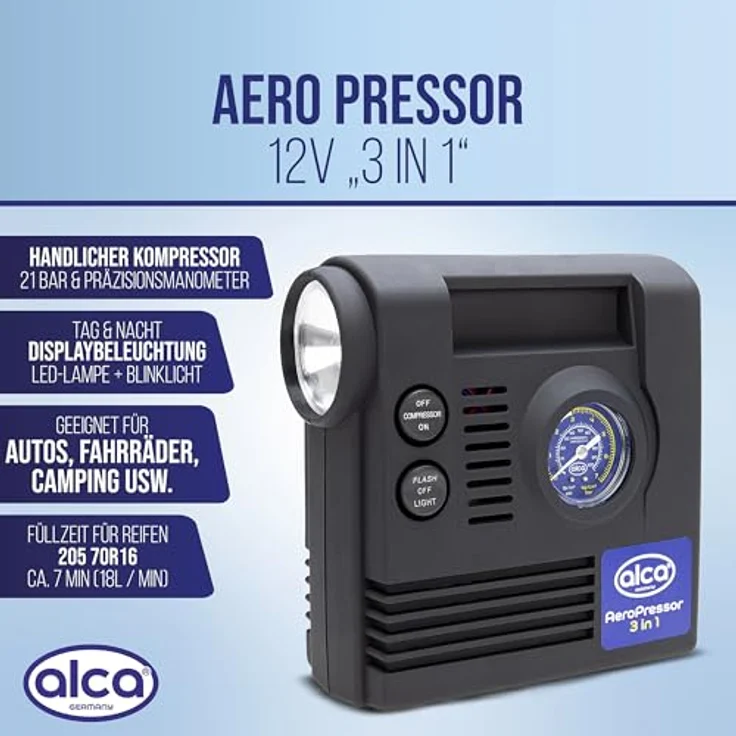 alca® Auto Kompressor mini 3in1 mit Licht, elektrische Luftpumpe 12V, 21 bar, Zigarettenanzünder – Bild 2