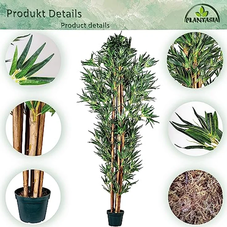 PLANTASIA Kunstpflanze Bambus Strauch 190 cm, authentischer Stamm mit 1840 Blättern, Echtholzoptik, schwarzem Untertopf – Bild 5