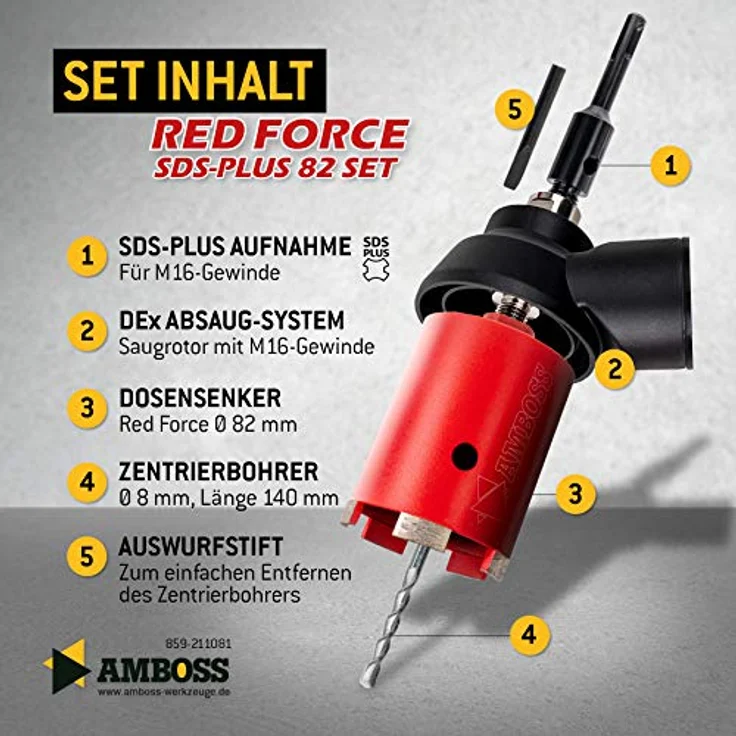 Diamant Dosensenker Ø 82 mm / M16 / DEX System / 90mm Nutzlänge inkl. Absaugung inkl. SDS Plus Aufnahme und Bohrer - Amboss Red Force Premium für Mauerwerk, Ziegel, Putz, abrasive Materialien – Bild 3