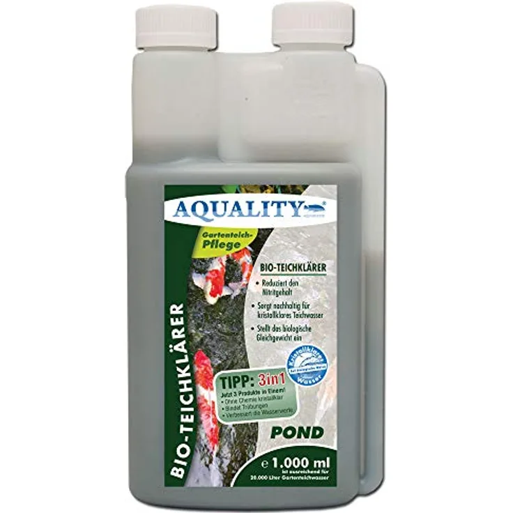 AQUALITY Gartenteich Bio-TeichKlärer 3in1 (Teichklar - Nachhaltig kristallklares Wasser, entfernt deutlich Trübungen im Teich + GRATIS Klarwasser Filtervlies), Inhalt:1 Liter