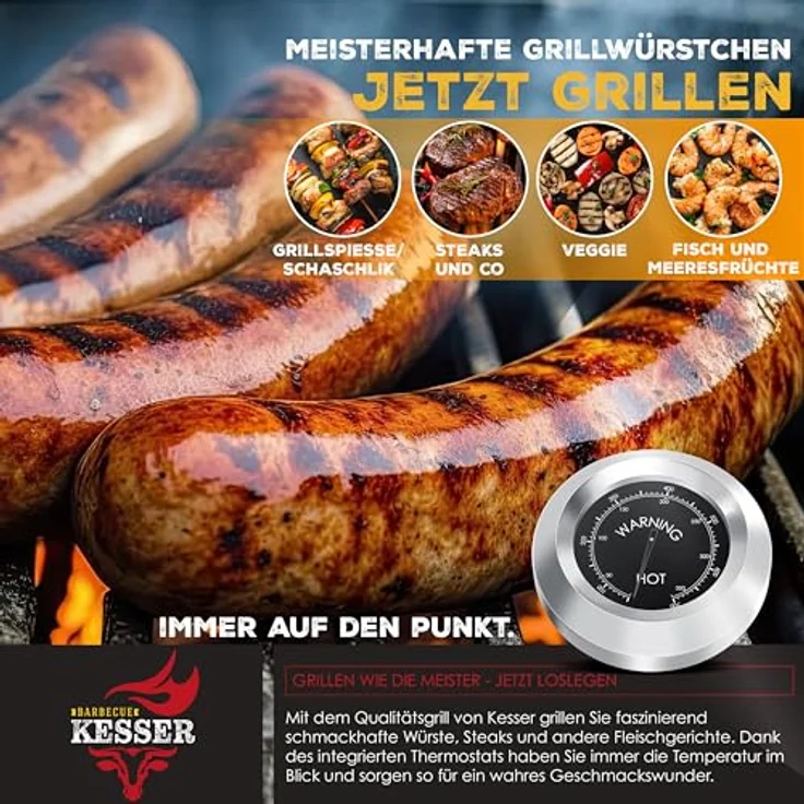 KESSER® Grill Grillwagen BBQ Smoker XL Holzkohlegrill mit Deckel, Rädern, Edelstahl-Griff, Grillrost und Thermometer, 8 Spieße mit Tasche & Silikon-Pinsel, Standgrill, Kohlegrillwagen – Bild 7