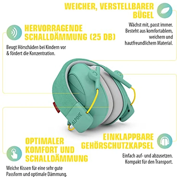 Alpine Muffy Lärmschutz Kopfhörer Kinder - Ohrenschützer für Kinder bis zu 16 Jahren – Geräuschdämmender Gehörschutz für Kinder - Komfortabler mit verstellbarem Kopfband - Mint – Bild 3