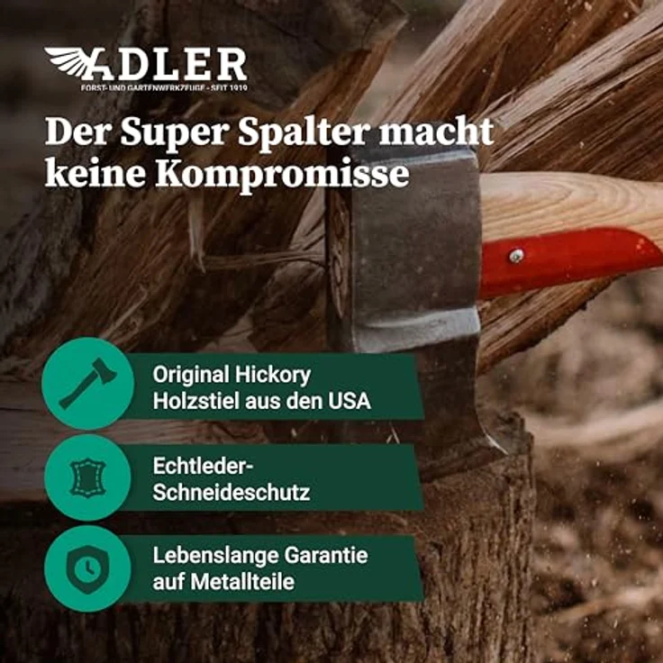 Adler Super Spalter Axt inkl. Lederschutz: Robuste Holzaxt zum Holz spalten, C60-Stahlkopf, 80 cm Hickory-Stiel, Rot/schwarz, 2,8 kg – Bild 4