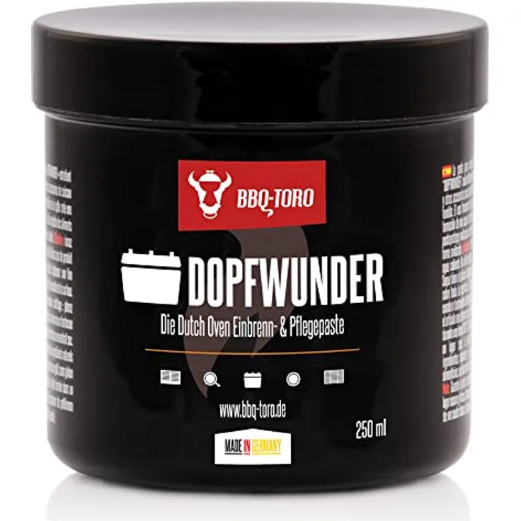 BBQ-Toro DOPFWUNDER, Einbrenn- & Pflegepaste für Gusseisen Grillzubehör, 250 ml, Made in Germany, lebensmittelecht, vegan