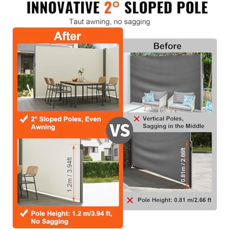 VEVOR Seitenmarkise 200 x 600 cm Seitenwandmarkise aus 180 g/m² Polyestergewebe mit PU-Beschichtung Beige, einziehbarer Griff mit Federmechanismus, Sichtschutz und Blickschutz für Balkone und Innenhöfe – Bild 3
