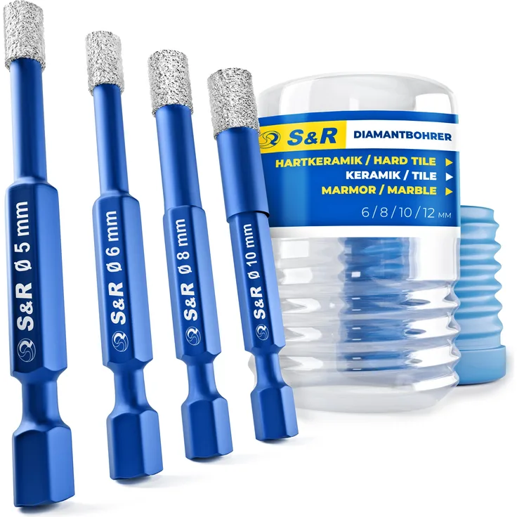 S&R Bohrersatz Diamantbohrer, Fliesenbohrer, Glasbohrer Sechskant-Schaft, 4-tlg. Set (5, 6, 8, 10 mm), für Keramik, Granit, Glas, Porzellan, Fliesen, Feinsteinzeug, Marmor