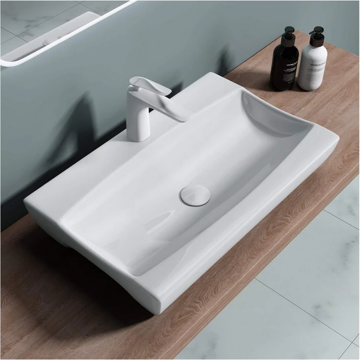 doporro Aufsatzwaschbecken Brüssel890 Keramik weiß Abperl-Effekt, Eckiges Design mit DIN-Anschlüssen – Bild 1