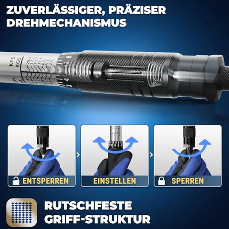 S&R Drehmomentschlüssel 475mm, 1/2", 28-210 Nm, aus Chrom-Vanadium, Umschaltbare Ratsche mit bruchfesten Nüssen, TÜV geprüft, Set mit Verlängerung und Stecknüssen (17, 19, 21 mm) – Bild 4
