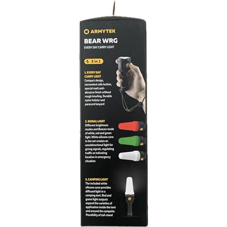ArmyTek Bear WRG Taschenlampe, 1500 lm, 3 Lichtfarben (weiß, rot, grün), 12.20 cm, inkl. Silikonkegel und Handschlaufe – Bild 3